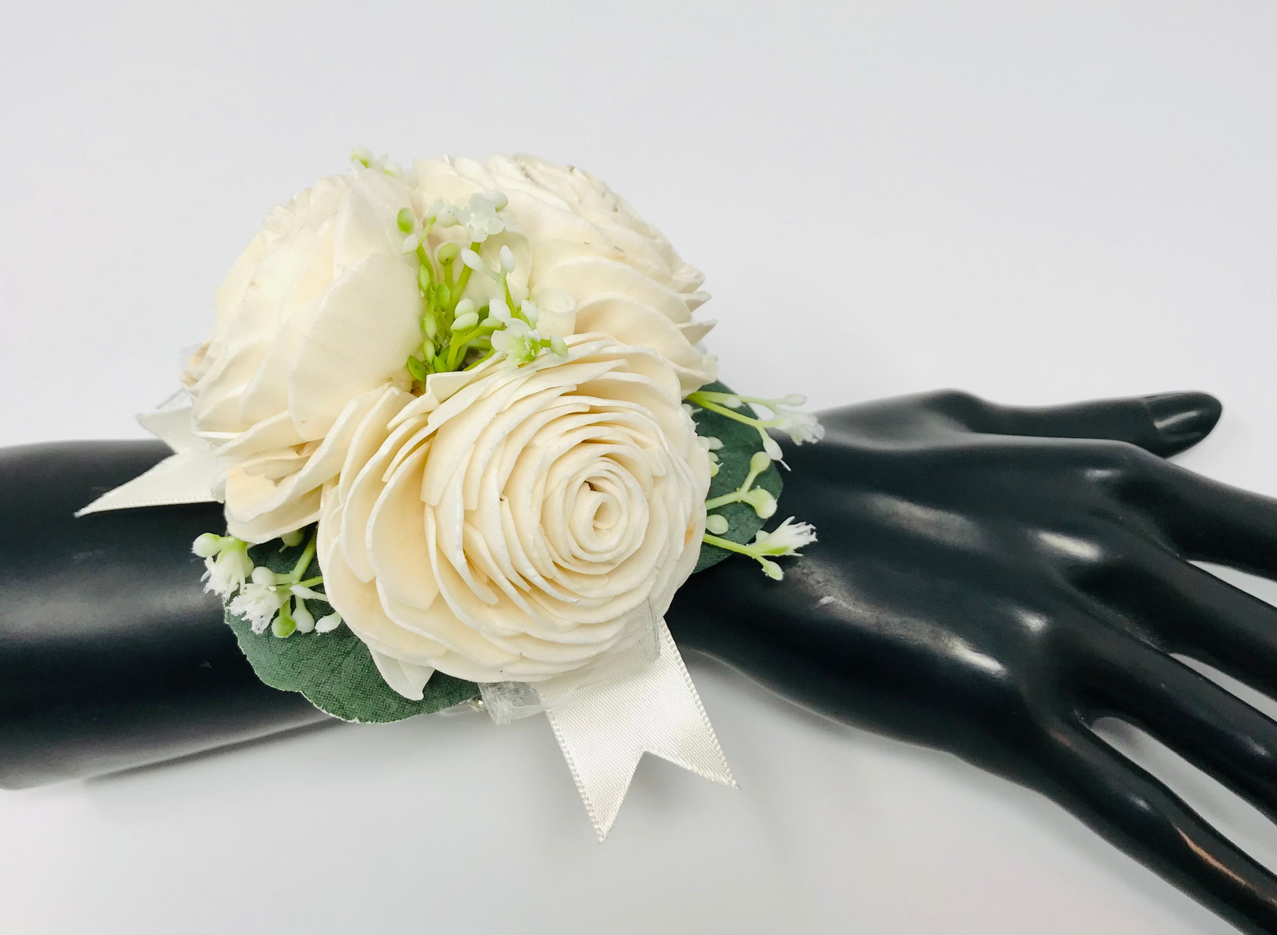 Wrist Corsage Ivory Wood Flower Rhinestone Bracelet